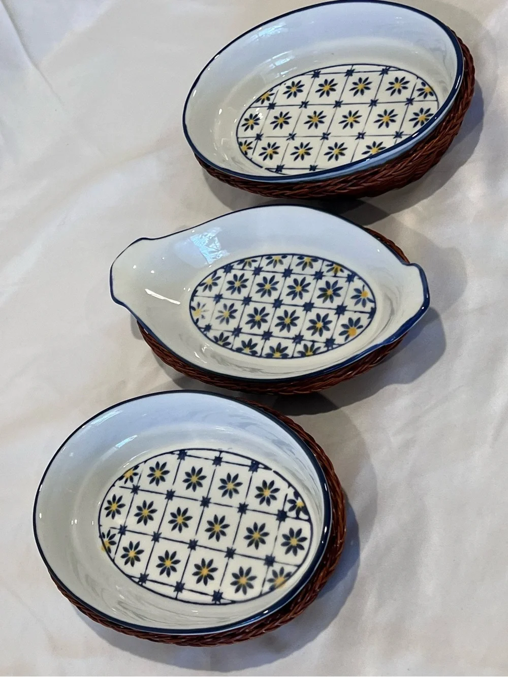 Blue Yellow Floral Ceramic Dishes Set of 3 Wicker Baskets
